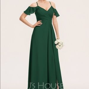 Hunter Green Long Flutter Sleeve Bridesmaid Dress